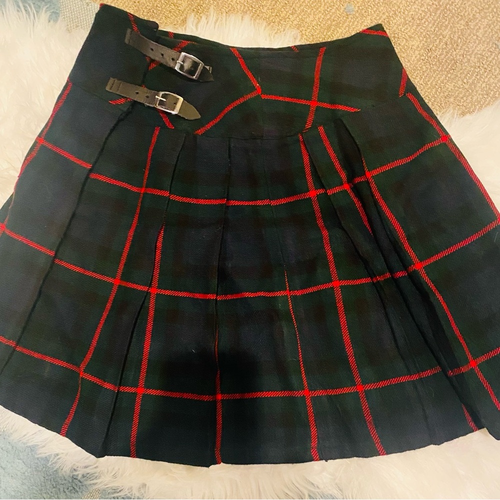 Vintage Wool Plaid Women's Skirt with Buckle Detail